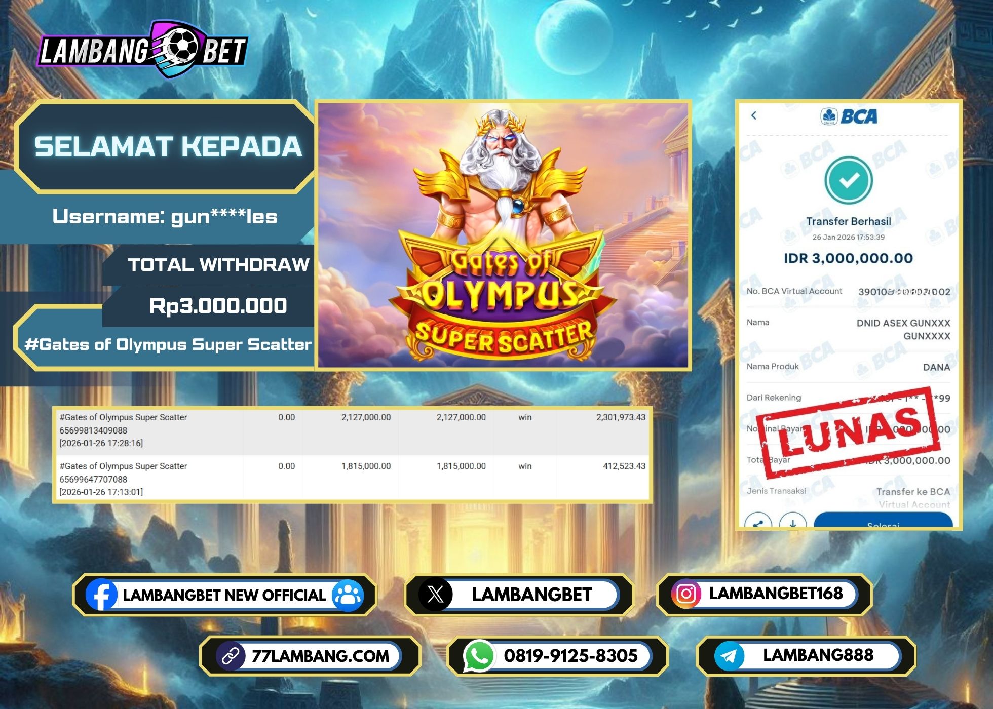 LAMBANGBET [26 JANUARI 2025] JACKPOT SLOT Gates of Olympus Super Scatter "Rp3.000.000" LUNAS